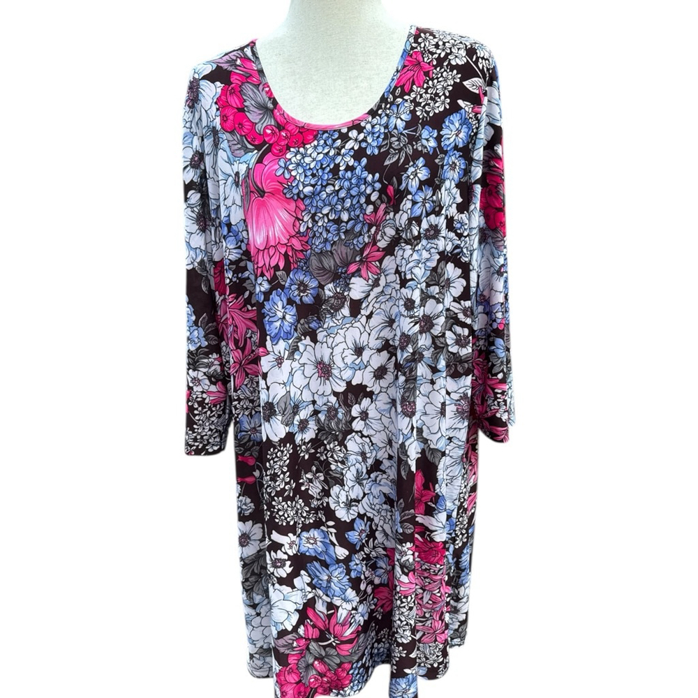 Ulla Popken Floral Tunic Top Dress 16/18 Scoop Neck Pink Blue Stretchy Plus - Picture 2 of 10